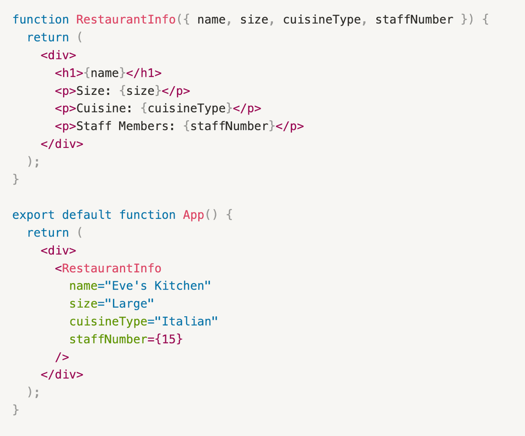 Code block of React component using destructuring method to access props' attributes