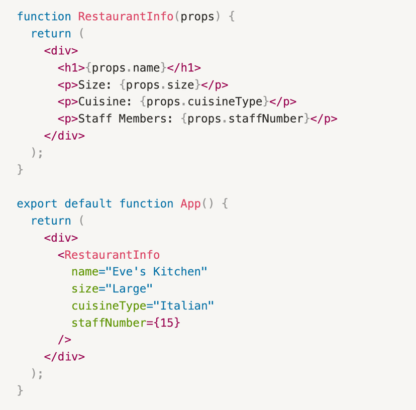 Code block of React component accessing props object's attributes via dot notation