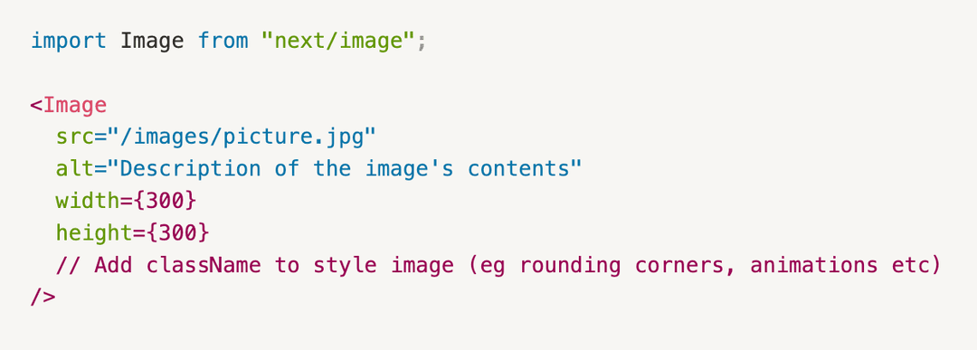 Code block of Next.js Image tag and its attributes